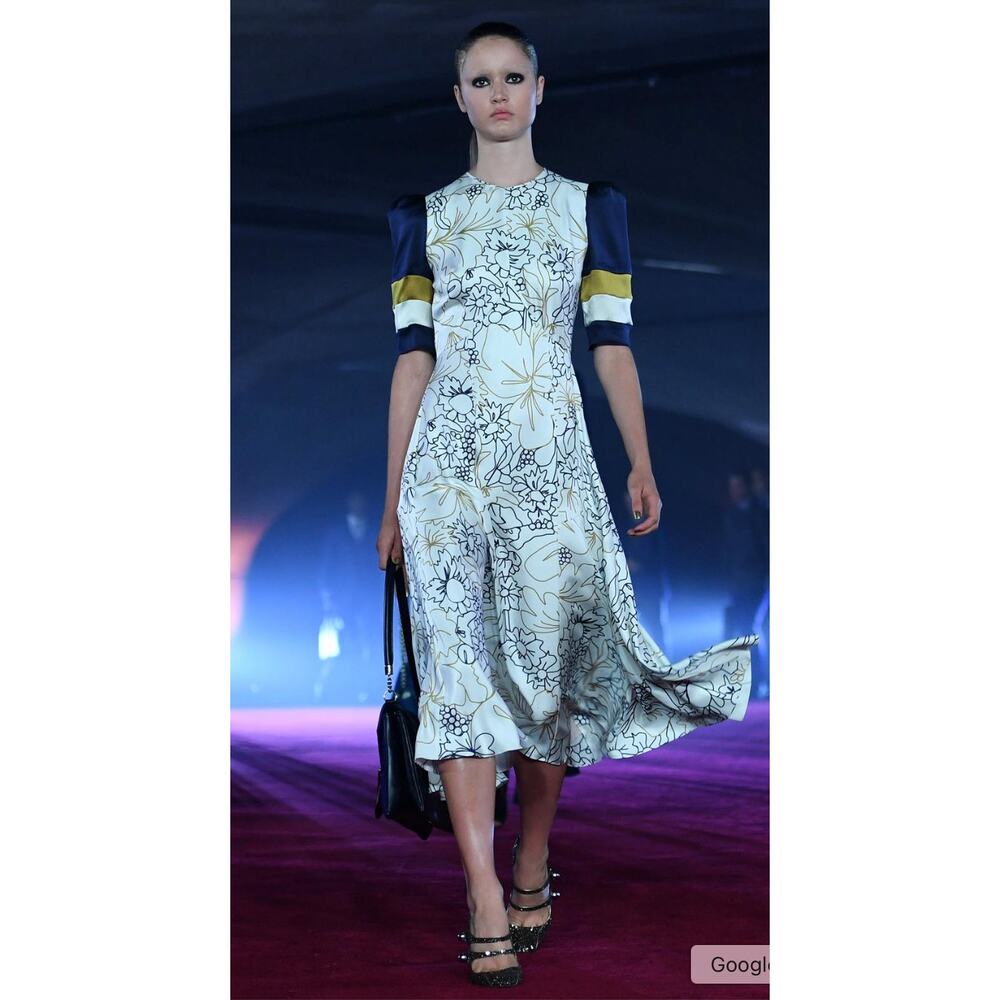 Roksanda Ilincic Silk Floral Midi Dress Stripe Sleeves S/6